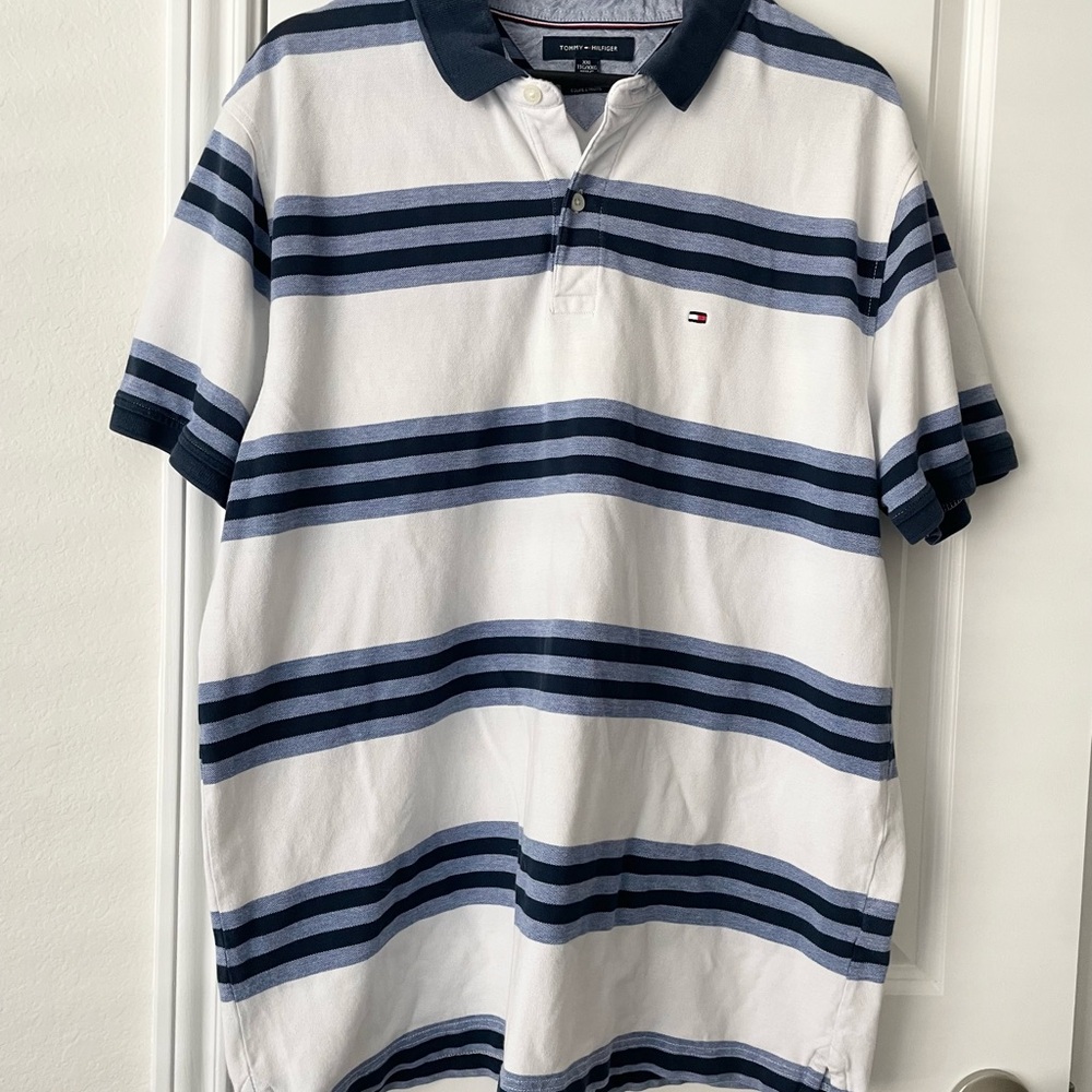 Tommy Hilfiger Blue Striped Short Sleeve Slim Fit White Polo‎ Shirt Men's 2XL